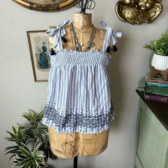 Old Navy NWT Blue White Stripe Boho Embroidered Smocked Tie Tassel Blouse Sz M - Picture 2 of 9